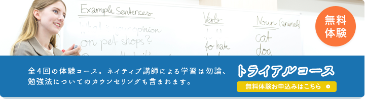 無料体験 全4回の体験コース。ネイティブ講師による学習は勿論、勉強法についてのカウンセリングも含まれます。 トライアルコースお申し込みはこちら